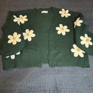Threaded Leaf Green Open Front Cardigan Sweater 3-D Crochet Sunflowers Large
